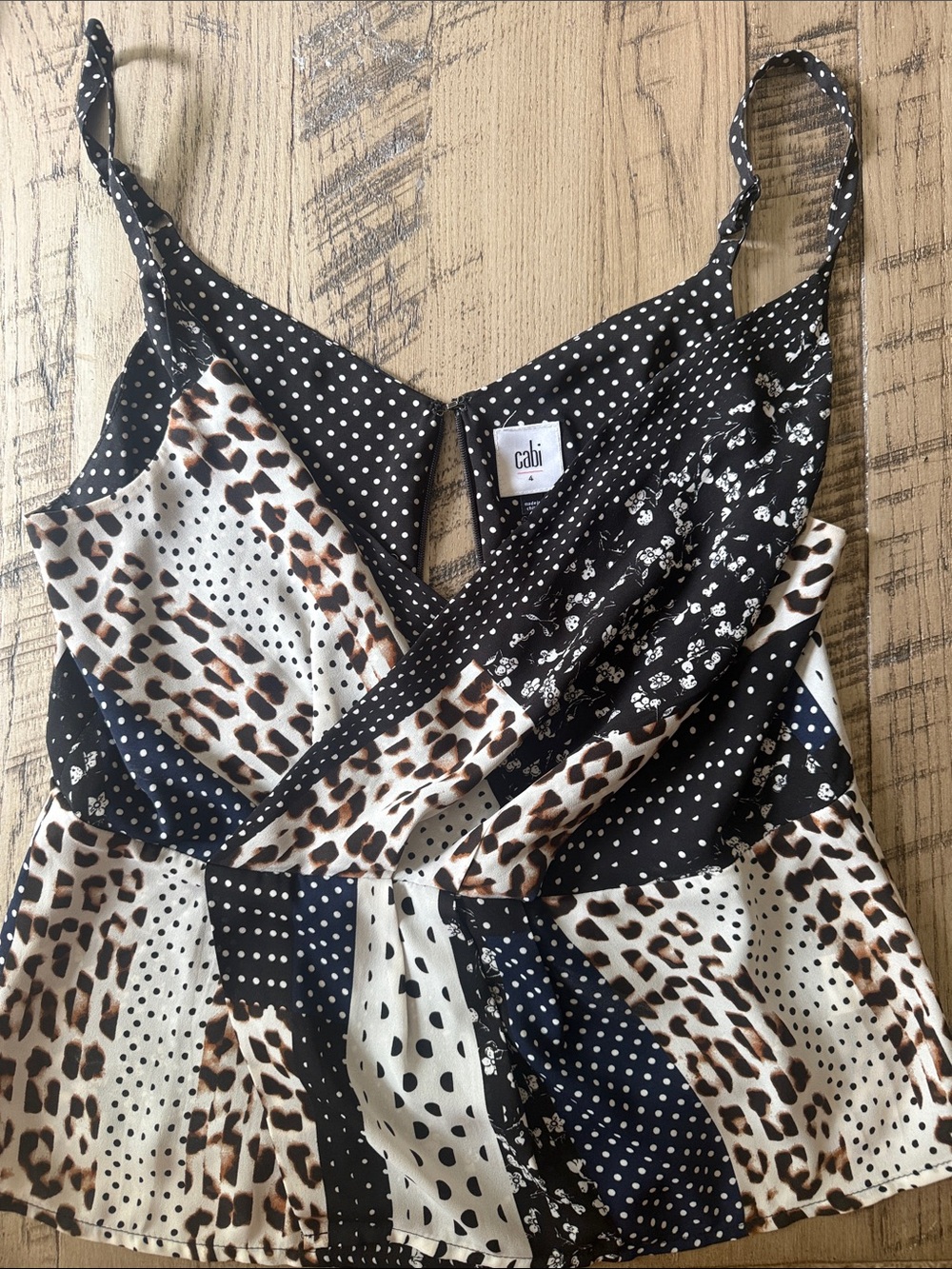 CAbi Black, White & Brown Mixed Print Wrap Tank